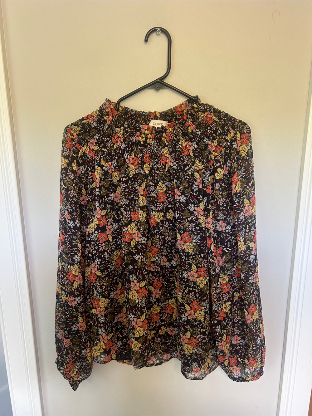 LOFT Navy Blue Floral Smocked Neck Long-Sleeve Blouse Medium